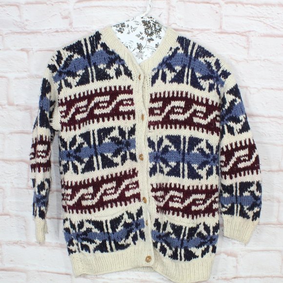 Luis Sweaters - Luis Multicolor 100% Wool Snowfalkes Button Front Knit Sweater Size XL